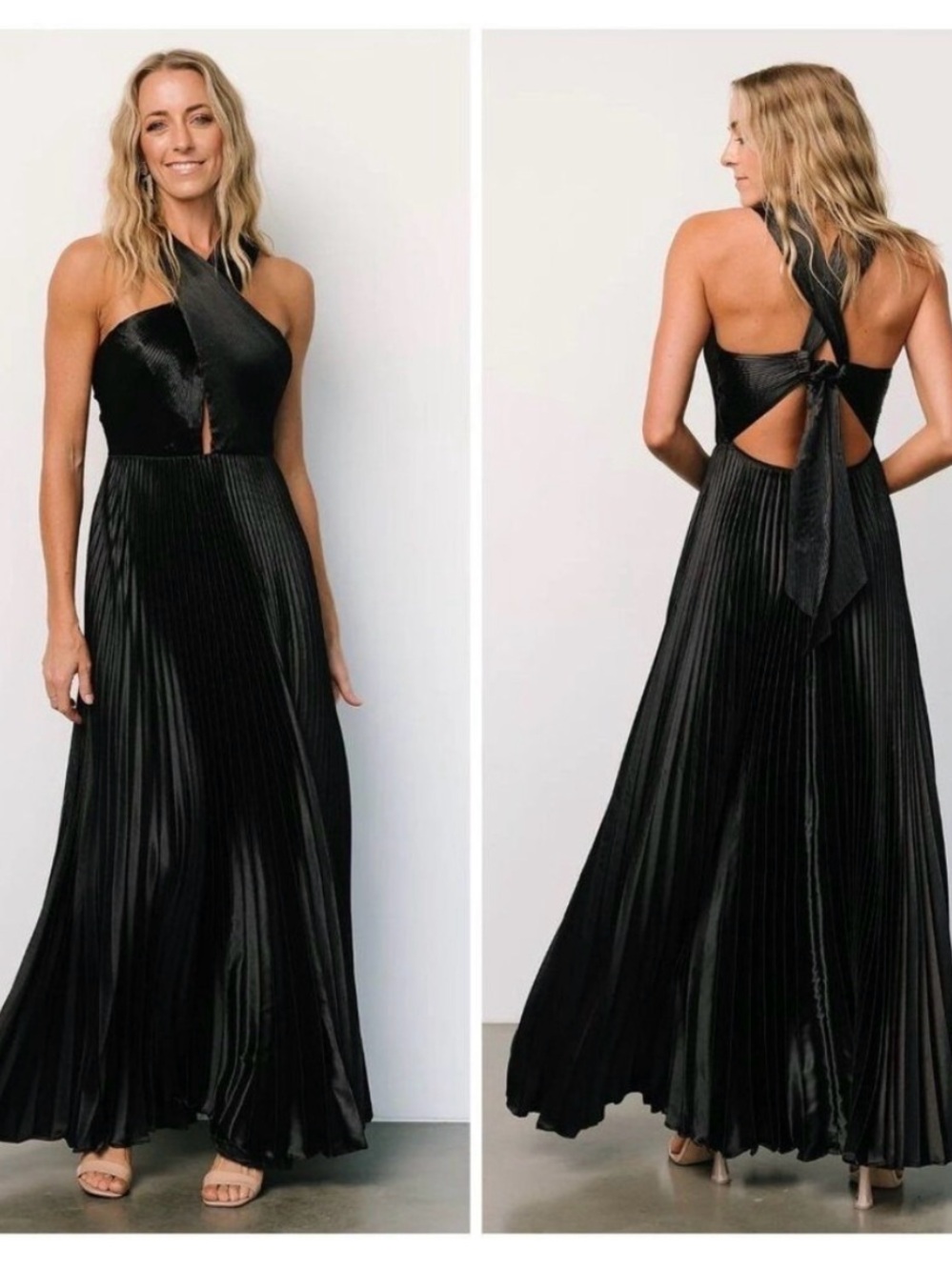Baltic Born NWOT Sandra Pleated Maxi Dress Black Criss Cross Halter Evening M